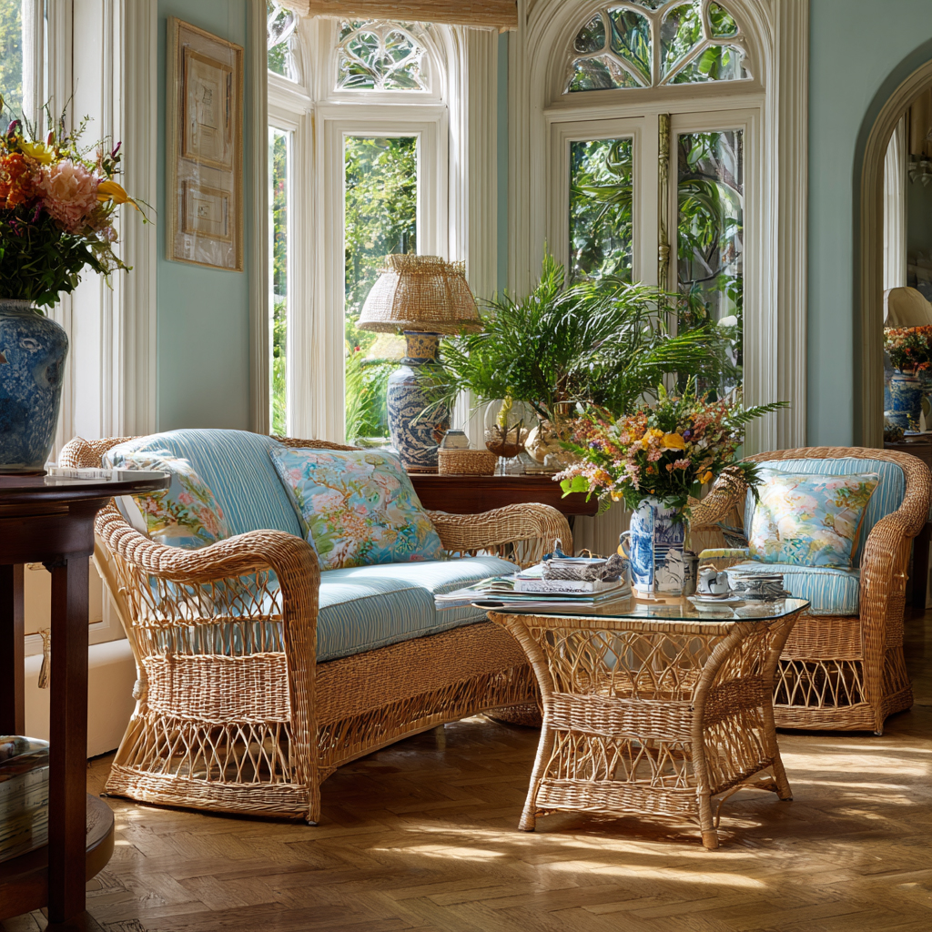 Edwardian wicker and bamboo furniture in bright interiors